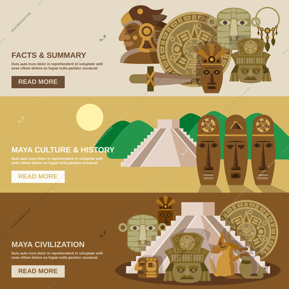 Maya horizontal banner set with indian civilization elements isolated vector illustration