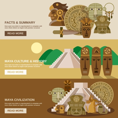 Maya horizontal banner set with indian civilization elements isolated vector illustration