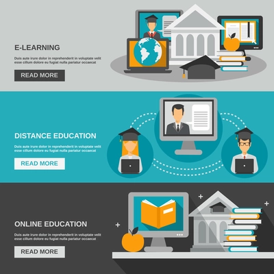 E-learning horizontal banner set with flat distance education elements isolated vector illustration