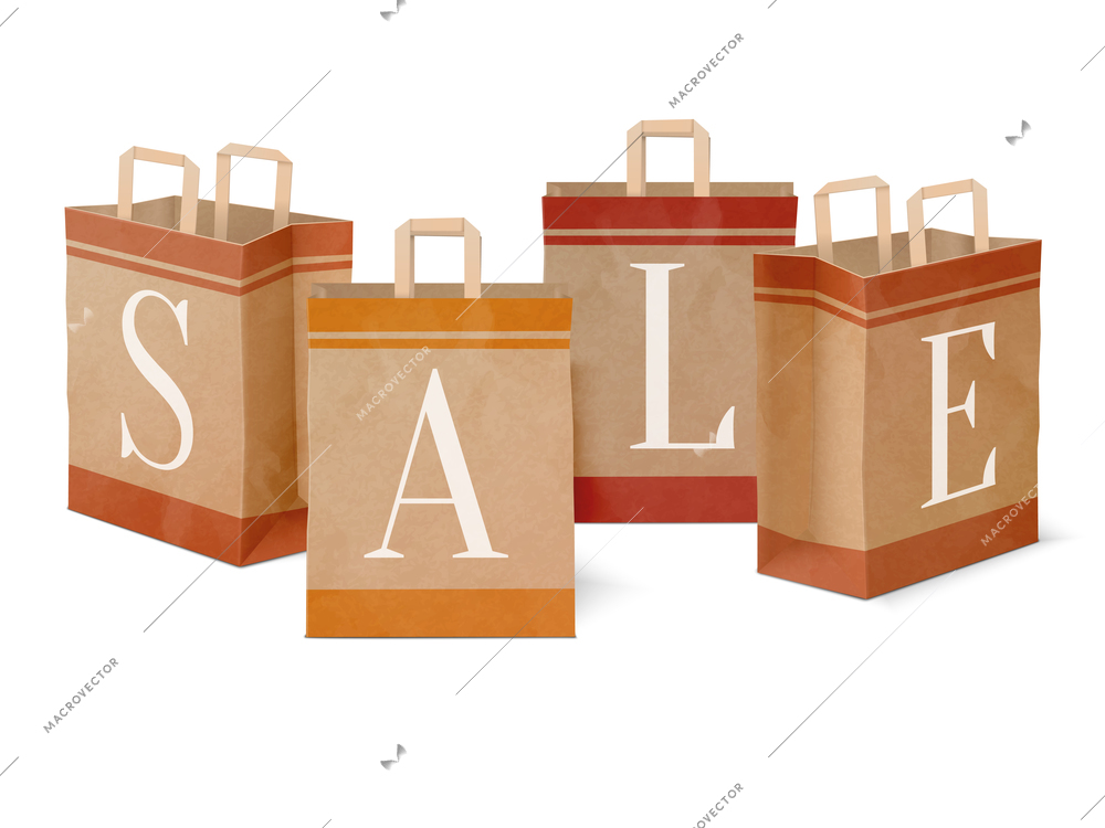 Set of sale discount retail paper shopping bags concept isolated vector illustration