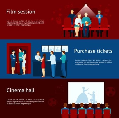 Cinematography  banners with purchase ticket  cinema hall film session and  audience flat  vector  illustration.