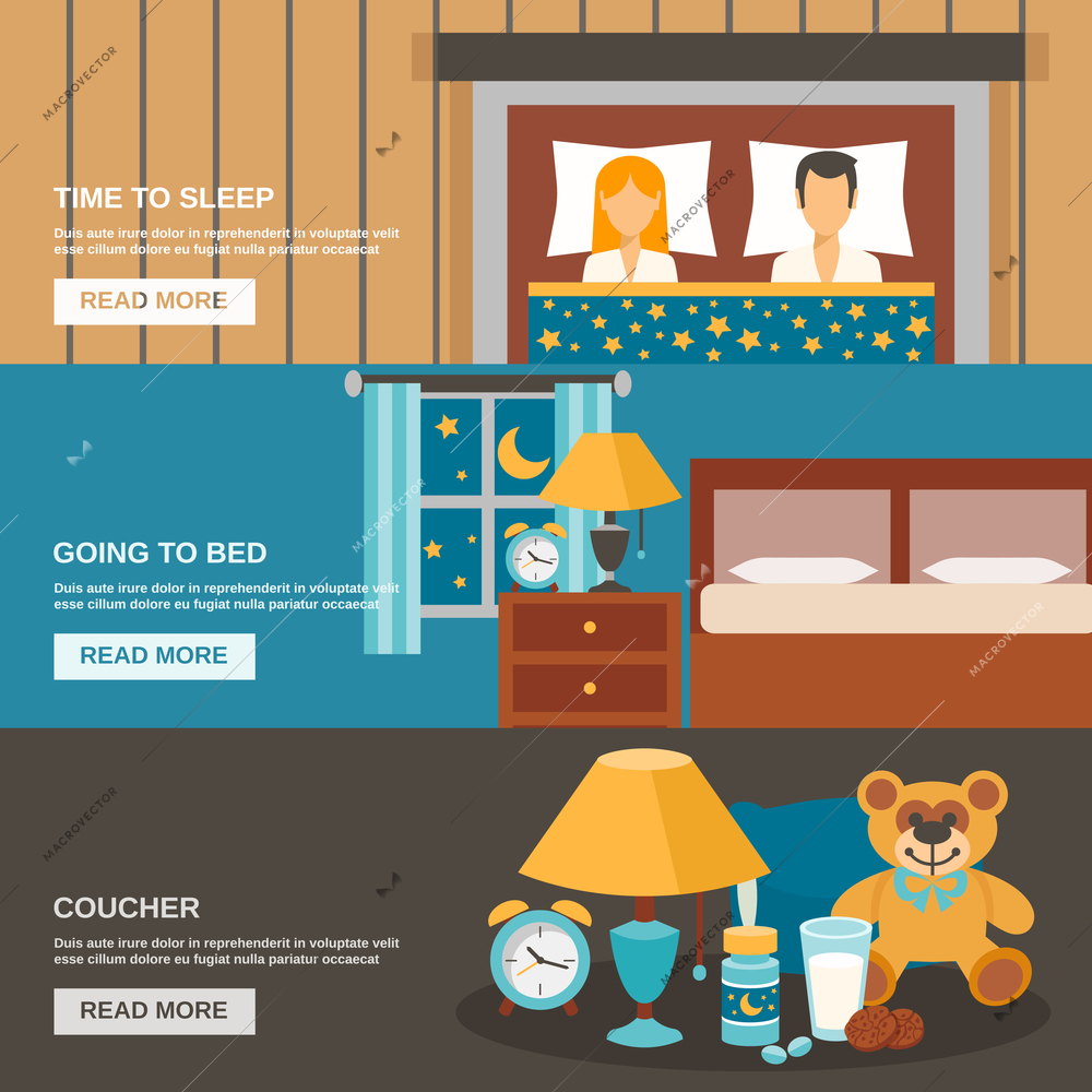 Sleep time horizontal banner set with bed and household objects elements isolated vector illustration
