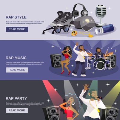 Rap music horizontal banner set with hip-hop style party elements isolated vector illustration