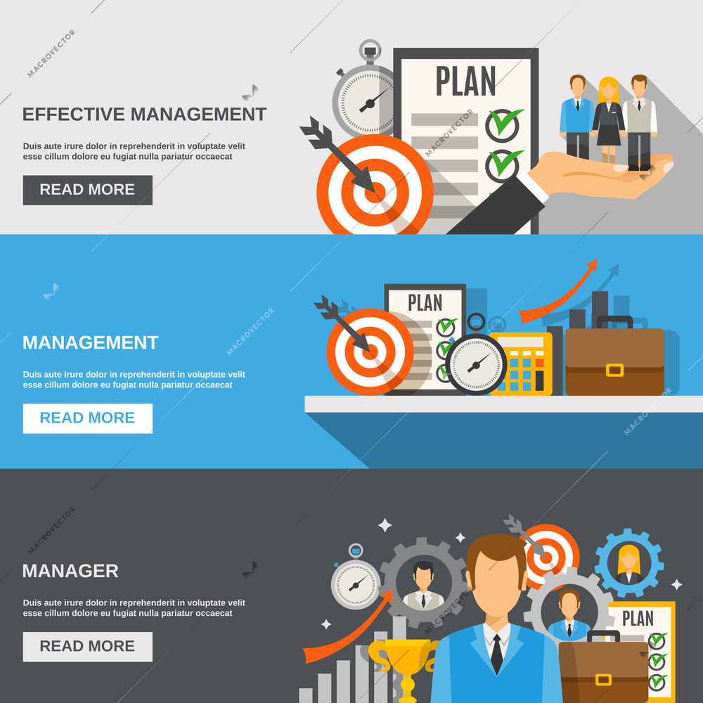 Management horizontal banner set with effective manager flat elements isolated vector illustration