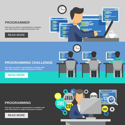 Programmer horizontal banner set with programming elements isolated vector illustration