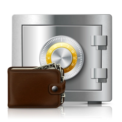 Classic modern brown leather wallet filled with dollar banknotes and metal shiny safe with code lock vector illustration