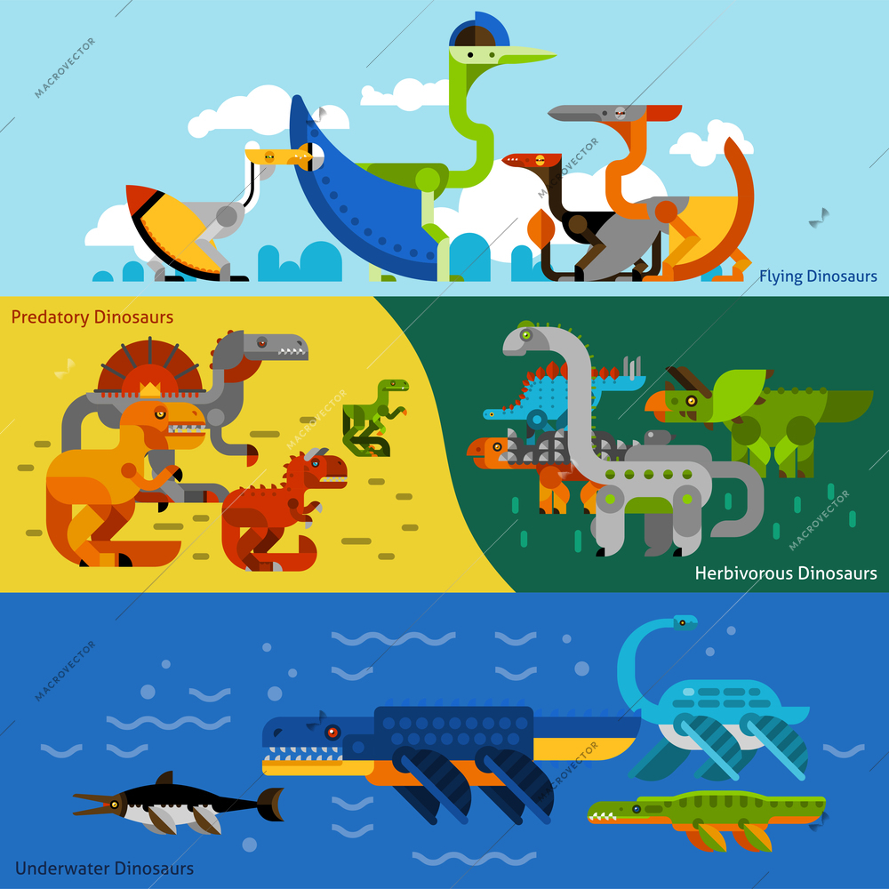 Dinosaurs horizontal banners set with predatory and herbivorous dinosaurs flat isolated vector illustration