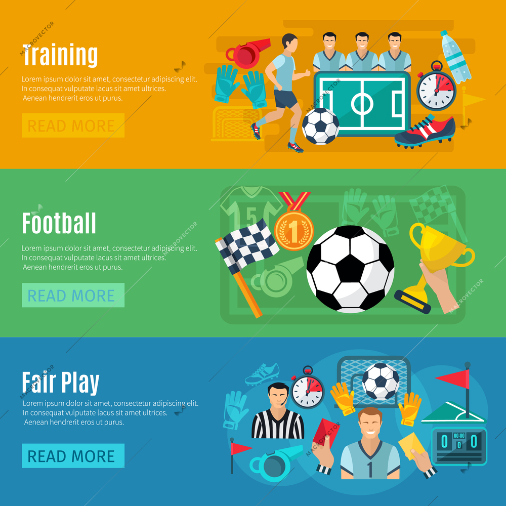 Soccer horizontal banner set with football training flat elements isolated vector illustration