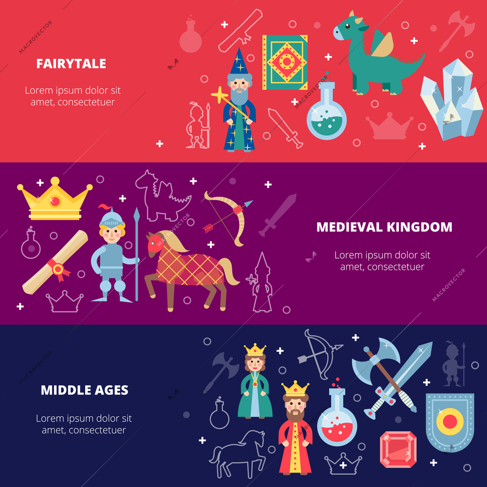 Medieval horizontal banner set with fairytale personages isolated vector illustration