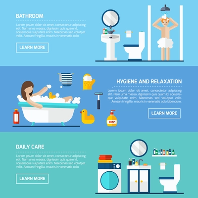 Daily shower for hygiene and relaxation flat horizontal banners set interactive webpage abstract isolated vector illustration