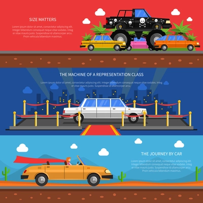 Cars horizontal banners set with representation class cars and journey by car symbols flat isolated vector illustration