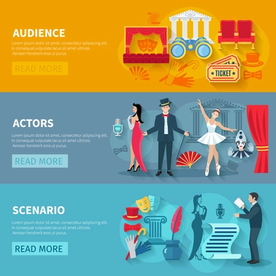 Theater horizontal banner set with audience actors flat elements isolated vector illustration