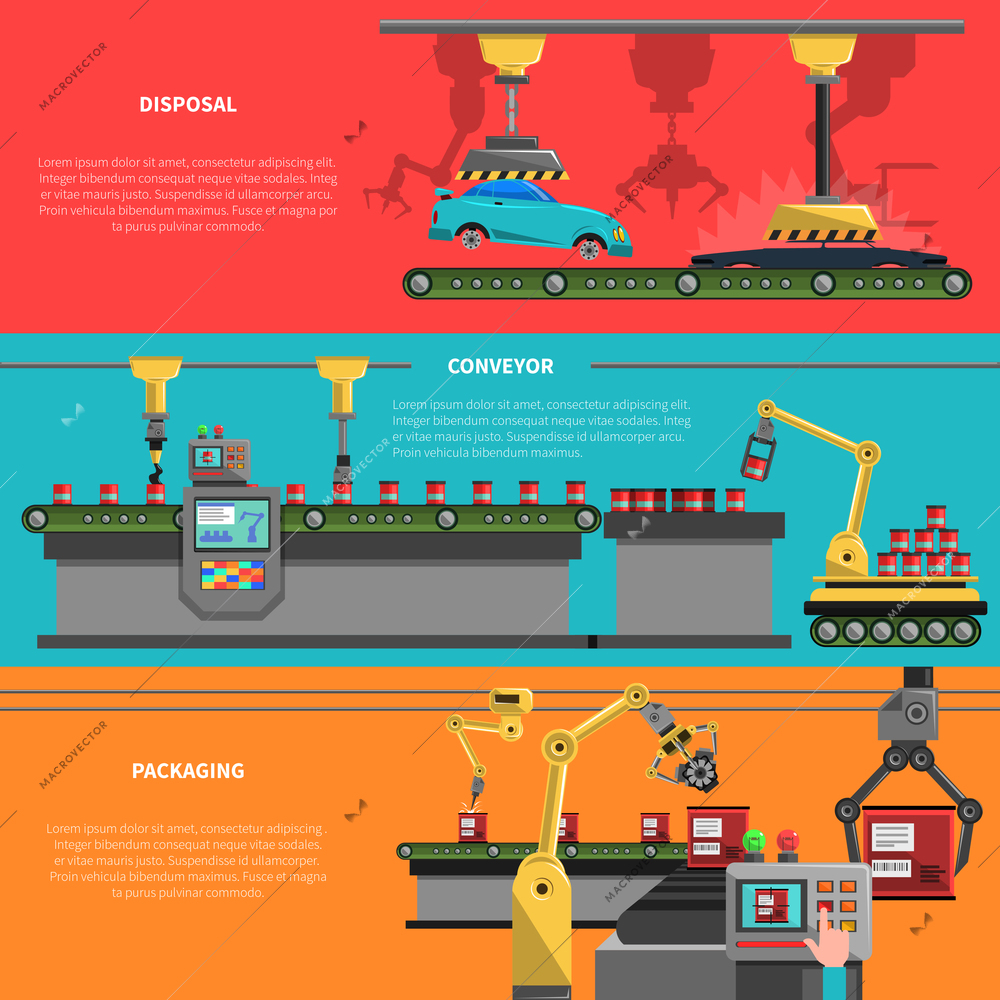 Robot horizontal banners set with disposal conveyor and packaging symbols flat isolated vector illustration