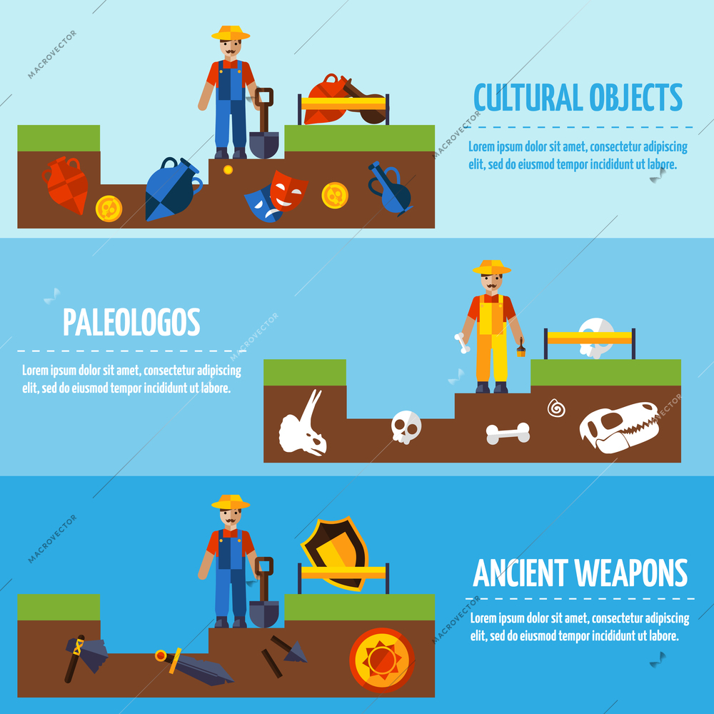 Flat  color horizontal  archeology banners set   with people and different kinds of archaeological finds vector illustration