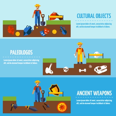 Flat  color horizontal  archeology banners set   with people and different kinds of archaeological finds vector illustration