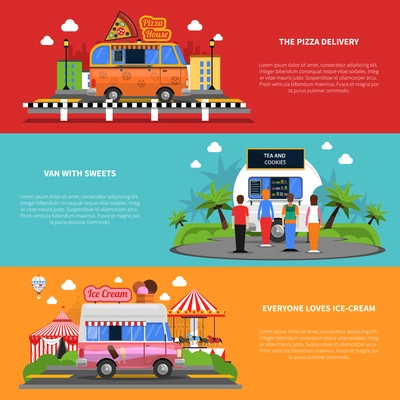 Street food horizontal banners set with pizza delivery van with sweets and ice-cream symbols flat isolated vector illustration
