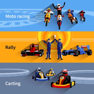 Racer horizontal banners set with moto racing rally and carting symbols flat isolated vector illustration