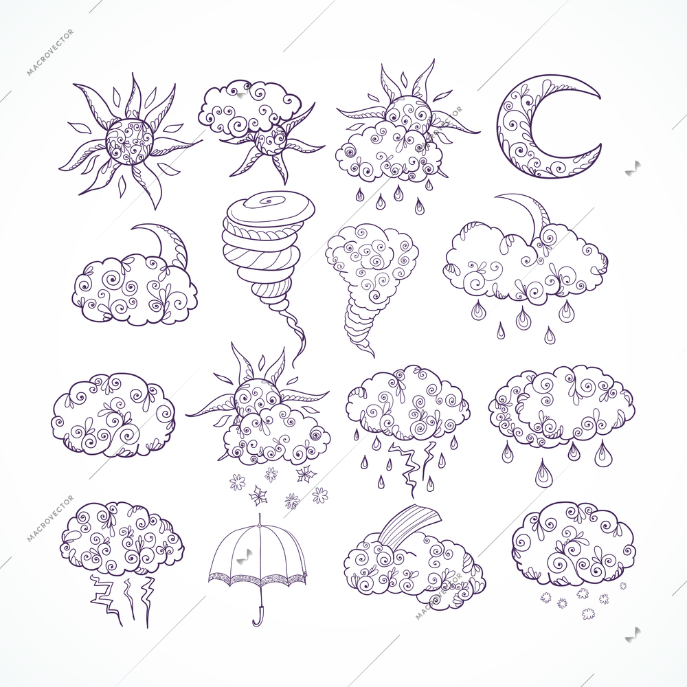 Doodle weather forecast decorative graphic symbols set sketch isolated vector illustration