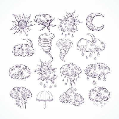 Doodle weather forecast decorative graphic symbols set sketch isolated vector illustration