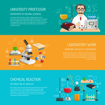 Science banner horizontal set with university professor and laboratory work realistic elements isolated vector illustration