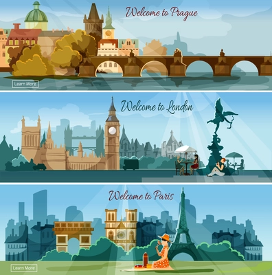 International vacation tours advertisement 3 flat banners set poster with european capitals sights abstract isolated vector illustration