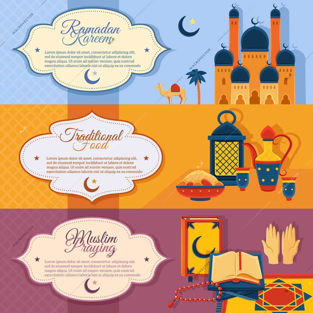 Islam horizontal banners set with Ramadan kareem traditional food and muslim praying symbols flat isolated vector illustration