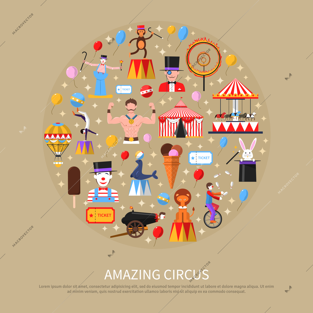 Amazing circus concept with clown gymnast strongest man and magician flat vector illustration