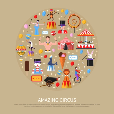 Amazing circus concept with clown gymnast strongest man and magician flat vector illustration