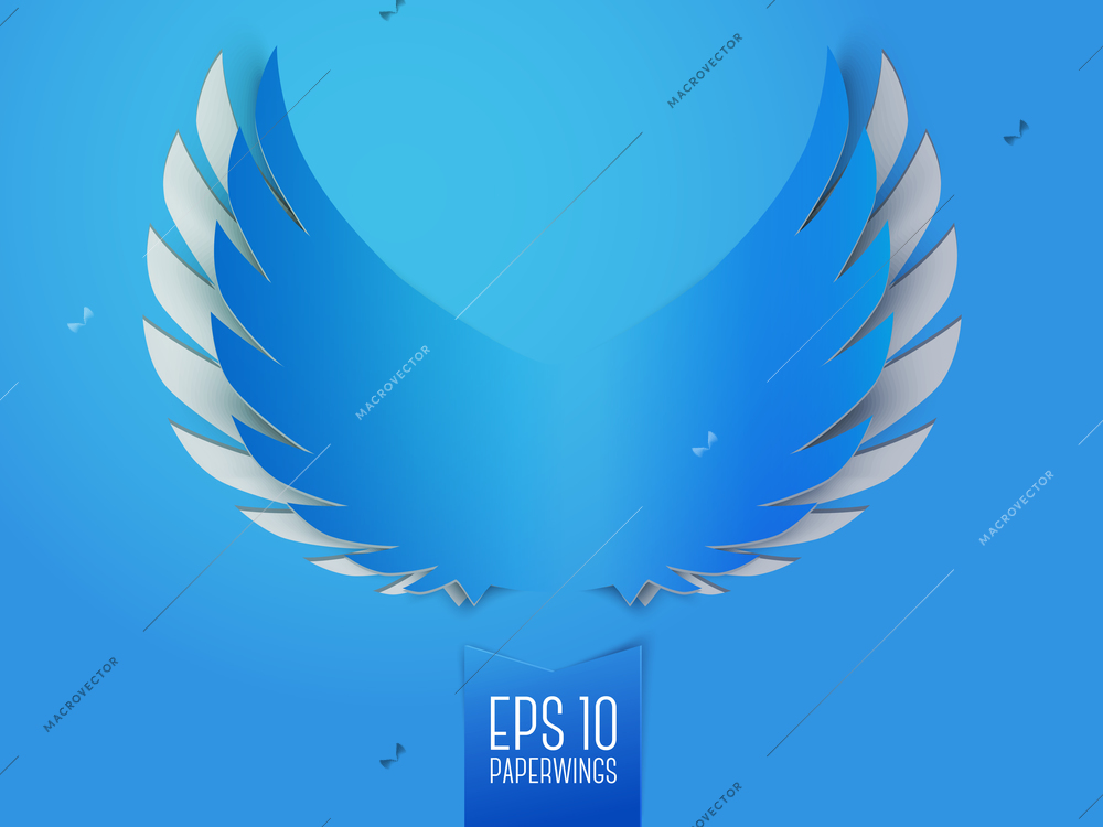 Simple blue paper wings with plumage emblem isolated vector illustration