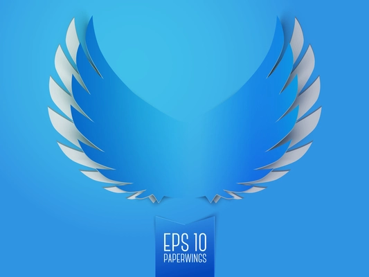 Simple blue paper wings with plumage emblem isolated vector illustration