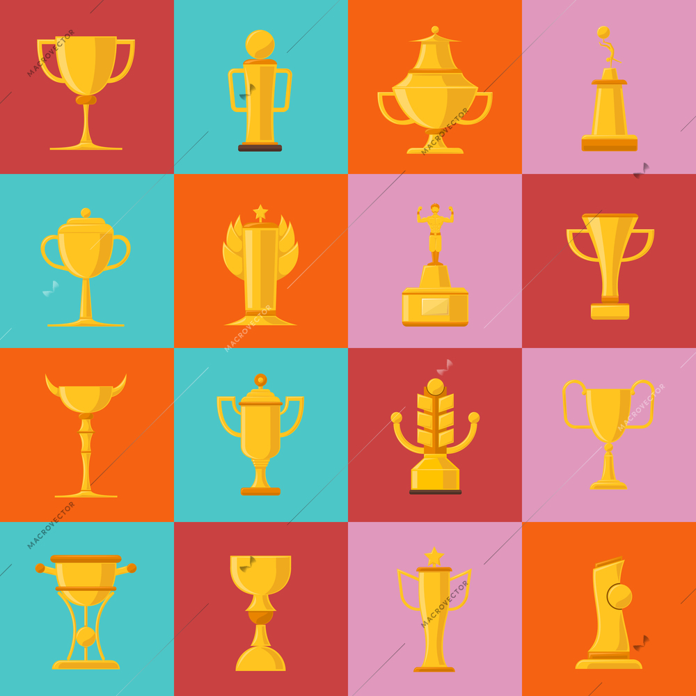 Different types of awards icons set with cups and goblets flat isolated vector illustration