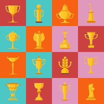 Different types of awards icons set with cups and goblets flat isolated vector illustration