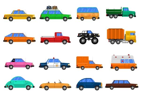 Different types of cars icons set with bus truck and police car flat isolated vector illustration