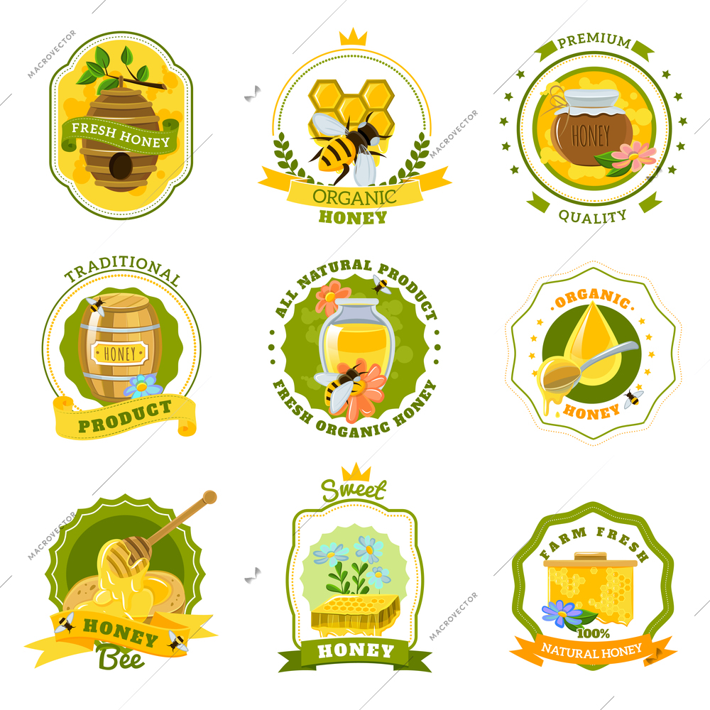Honey emblems set for fresh organic natural premium quality honey flat isolated vector illustration