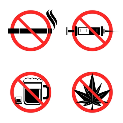 No drugs icons set with crossed syringe beer marijuana and cigarette signs flat isolated vector illustration