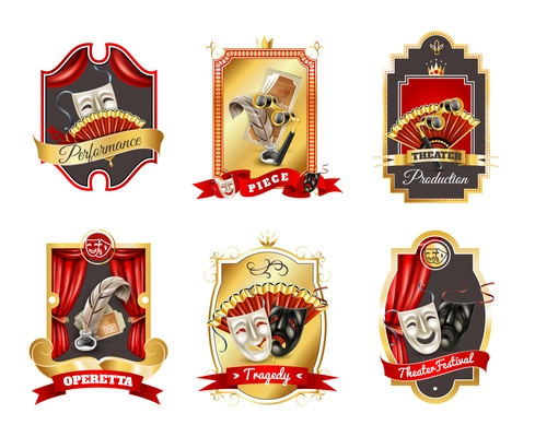 Theatre realistic emblems set with performance production and festival symbols isolated vector illustration