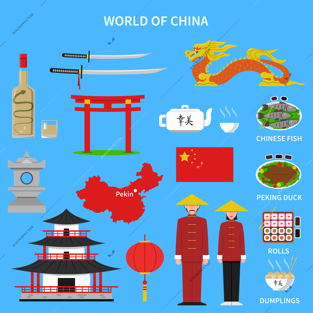 China icons set with traditional food and clothes on blue background flat isolated vector illustration