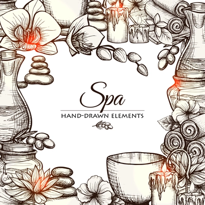 Hand drawn spa and wellness treatment elements frame vector illustration