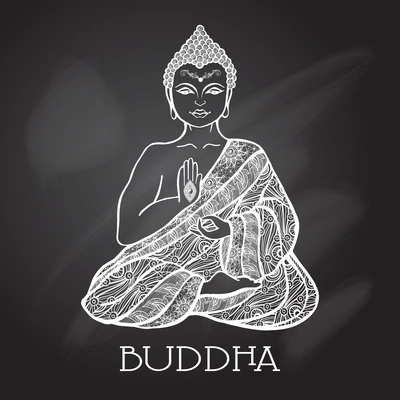 Chalk board buddha silhouette  sitting in lotus position vector illustration