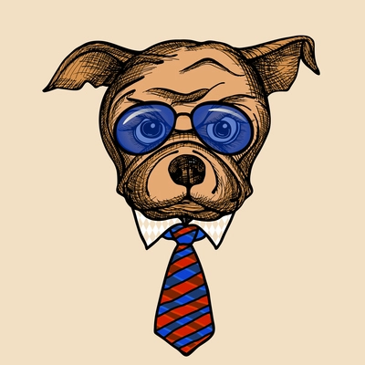 Fashion bulldog portrait with sunglasses and tie colored vector illustration