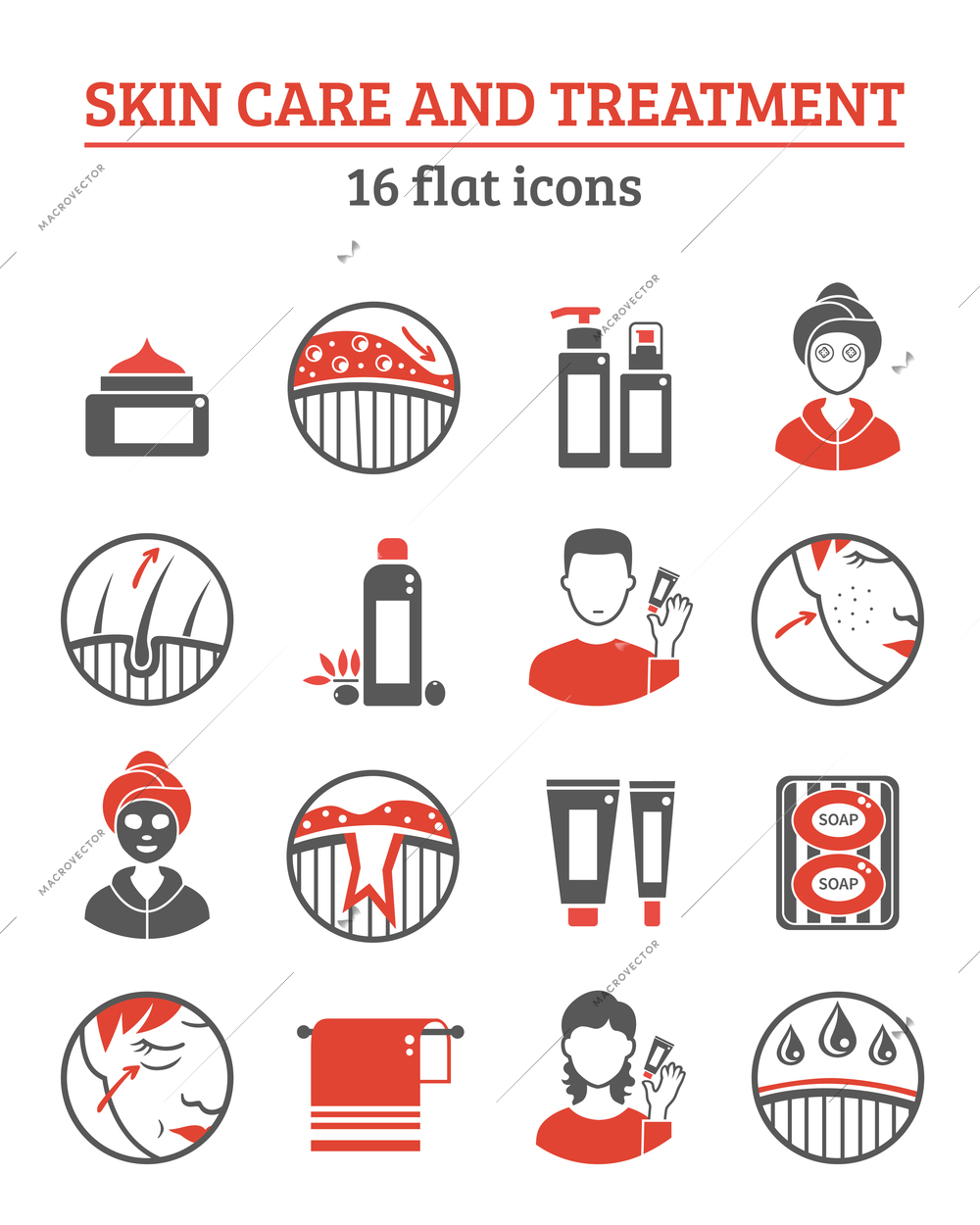 Skin cosmetics and treatment red black icons set with creams and oil flat isolated vector illustration