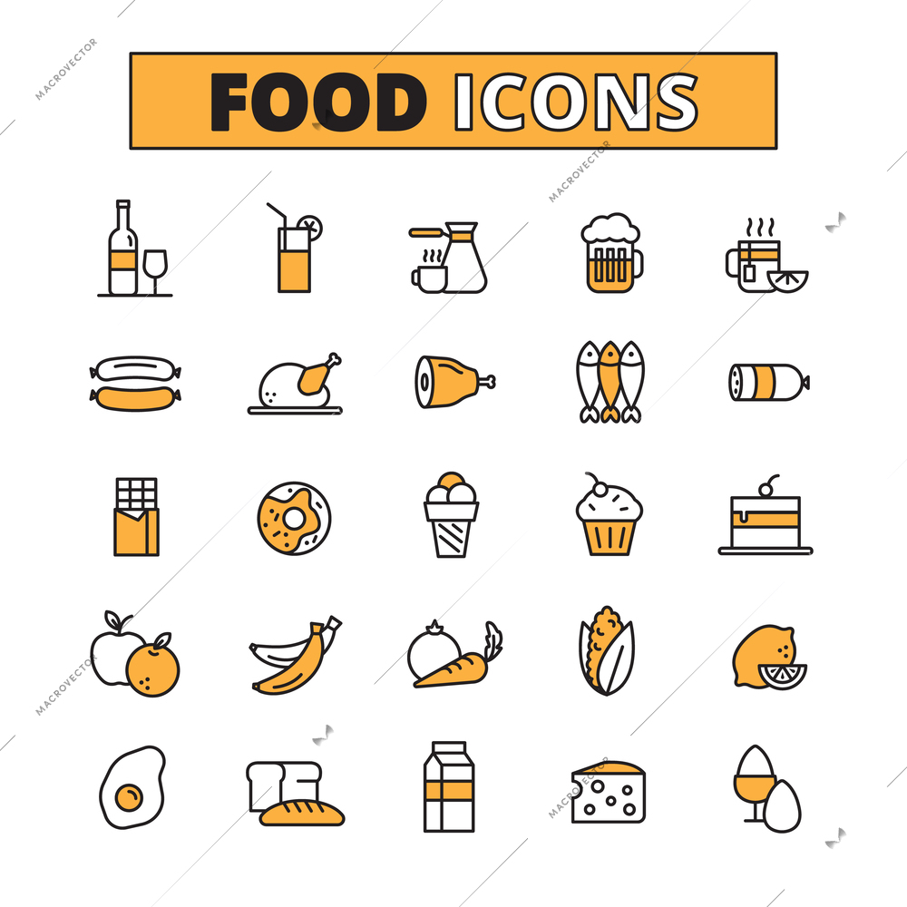 Food and drink line icons set with fruit and vegetables soft and hard drinks flat isolated vector illustration