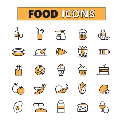 Food and drink line icons set with fruit and vegetables soft and hard drinks flat isolated vector illustration