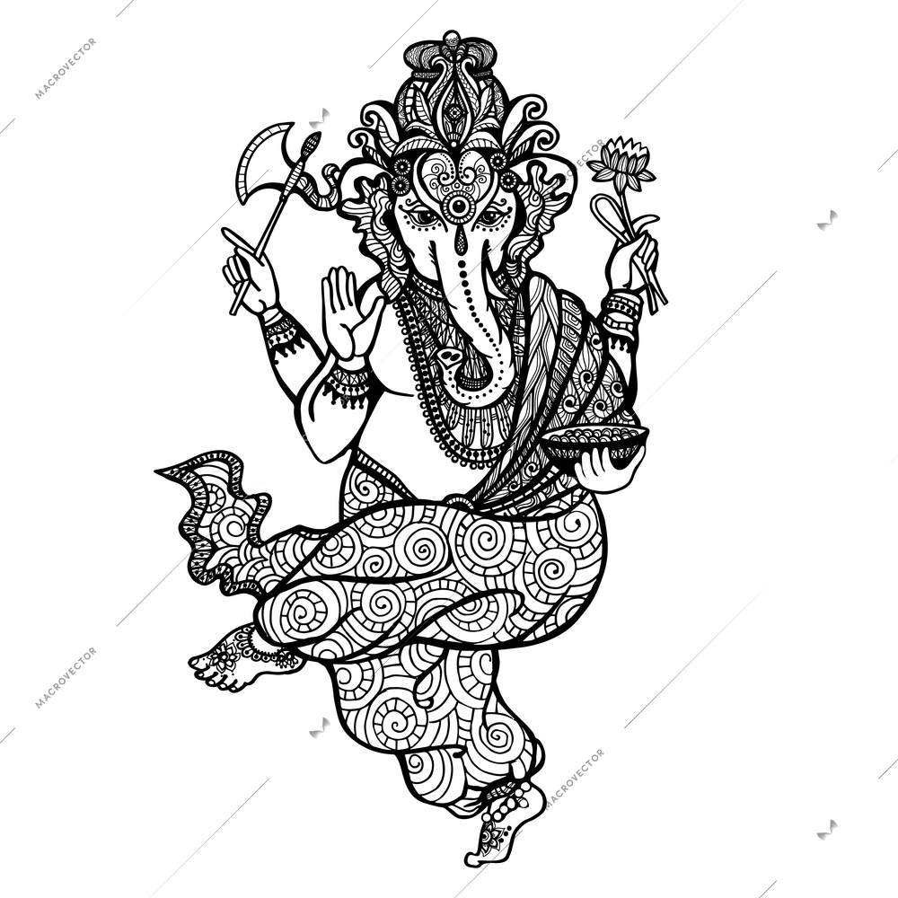 Dancing Hindu religion god Ganesha hand drawn decorative vector illustration
