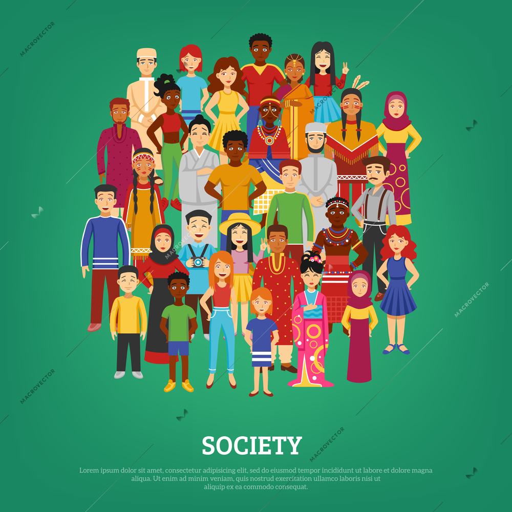 World society and nations concept on green background flat vector illustration