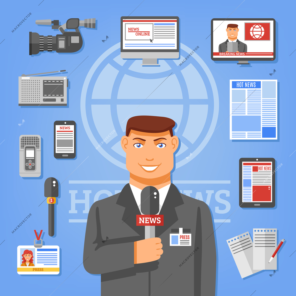 Journalist concept with radio tv cameras microphones and dictaphones flat vector illustration