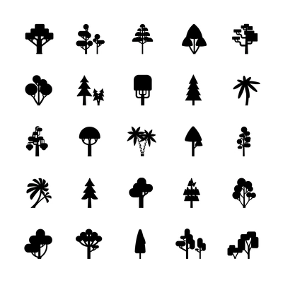 Set of tree silhouettes isolated on white background include deciduous spruce palm bush flat vector illustration