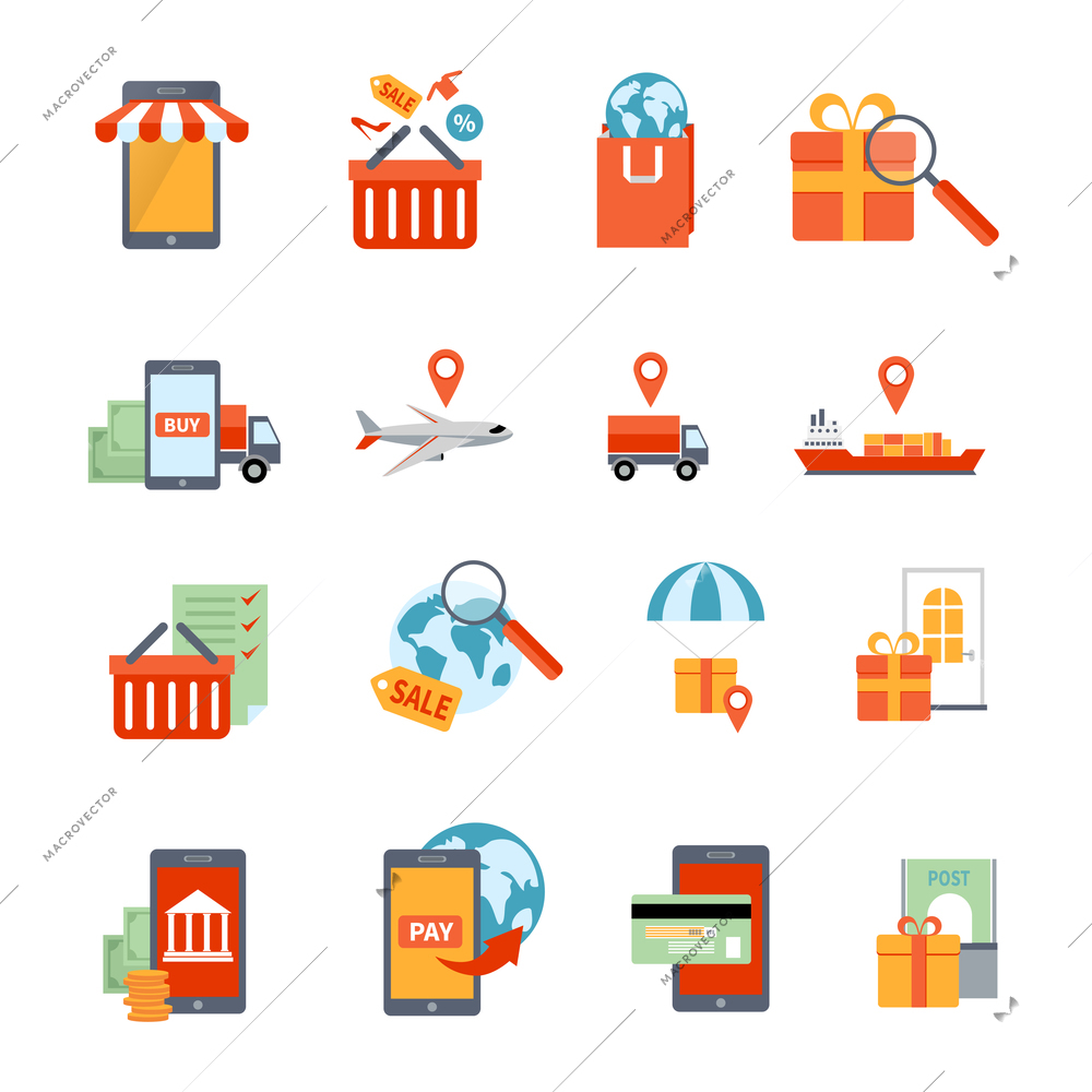 M-commerce icons set with delivery order and payment symbols flat isolated vector illustration