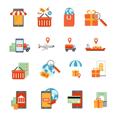 M-commerce icons set with delivery order and payment symbols flat isolated vector illustration