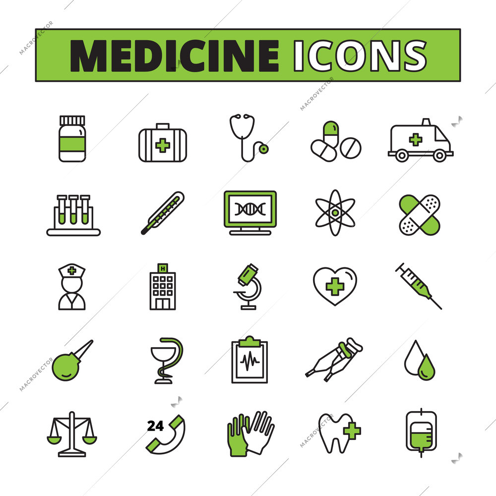 Medical line icons set with ambulance treatment and research symbols flat isolated vector illustration